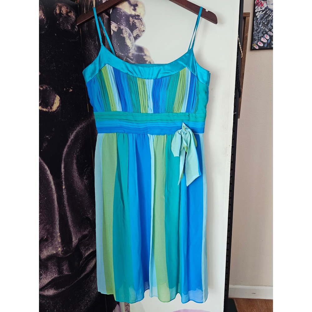 Sangria Women Silk Striped Empire Waist Cocktail Dress Blue Green Size 12 NEW